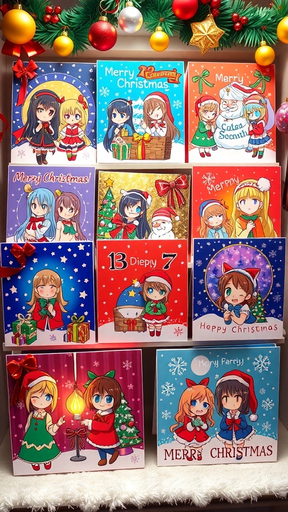 A collection of handmade anime Christmas cards with festive designs and decorations.